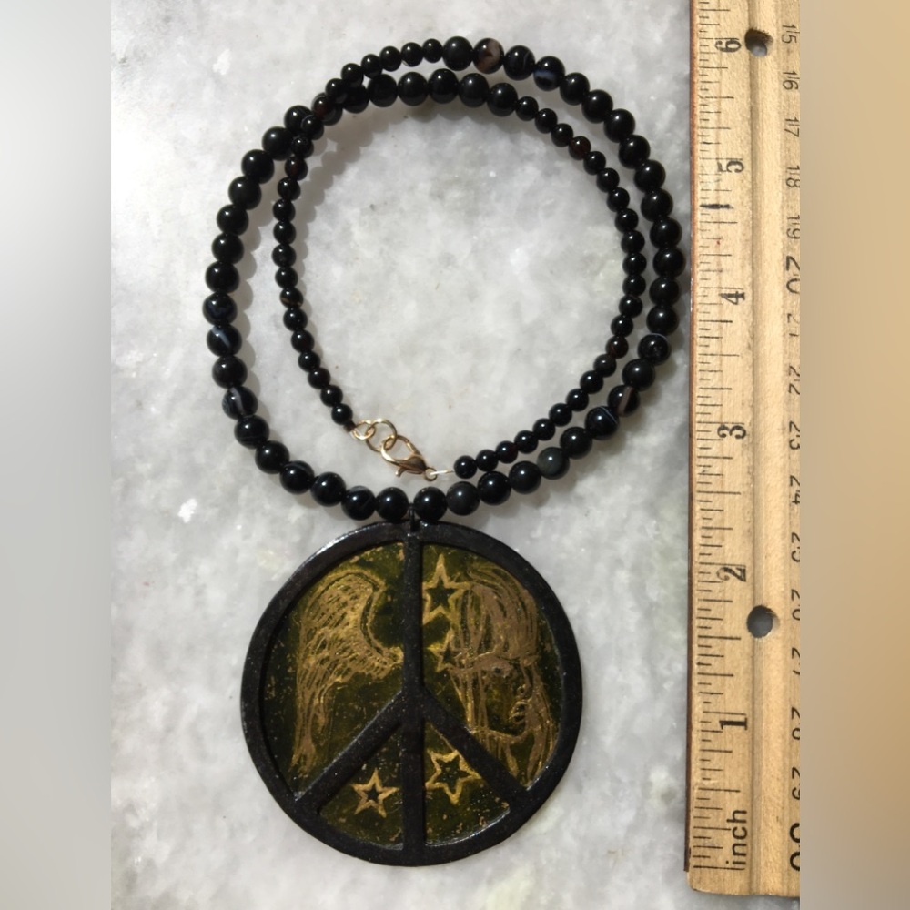 Peace Necklace | Handcrafted with black onyx and black agate beaded 18” necklace - Picture 4 of 15